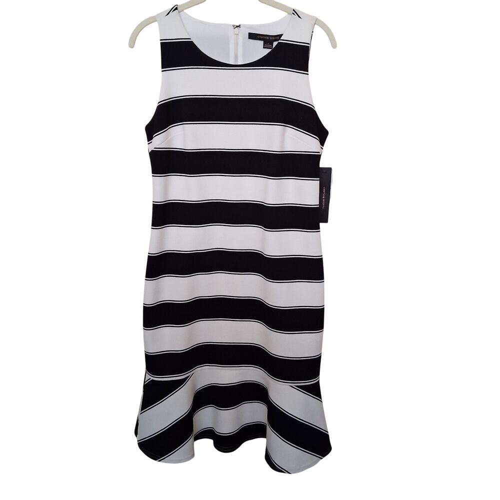 NWT Cynthia Steffe Black White Stripe Ruffle-Hem Dress Women's 4